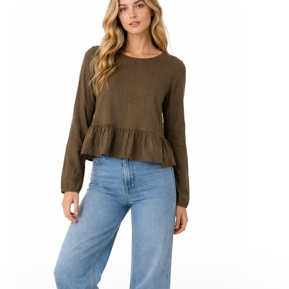 NWT Copper Key Olive Long Sleeve Peplum Top Size L Crinkle Cotton Fabric Soft